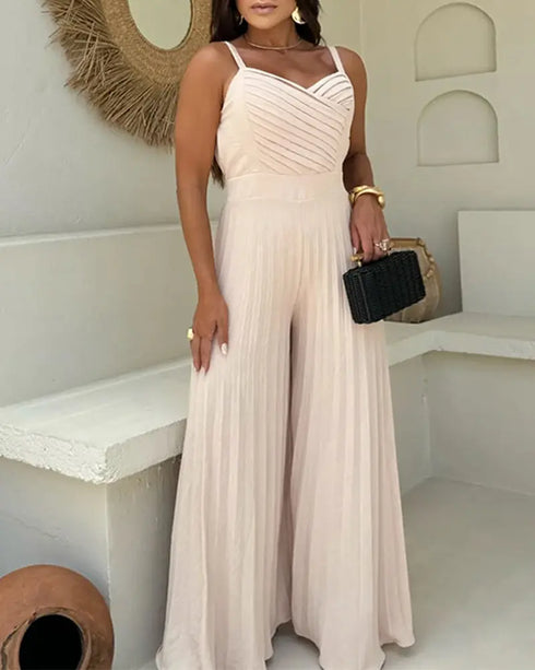 Pleated Design V Neck Adjustable Spaghetti Straps Cinched Waist Overalls Casual Pleated Flared Jumpsuit Apricot