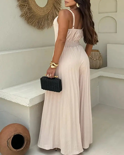 Pleated Design V Neck Adjustable Spaghetti Straps Cinched Waist Overalls Casual Pleated Flared Jumpsuit Apricot