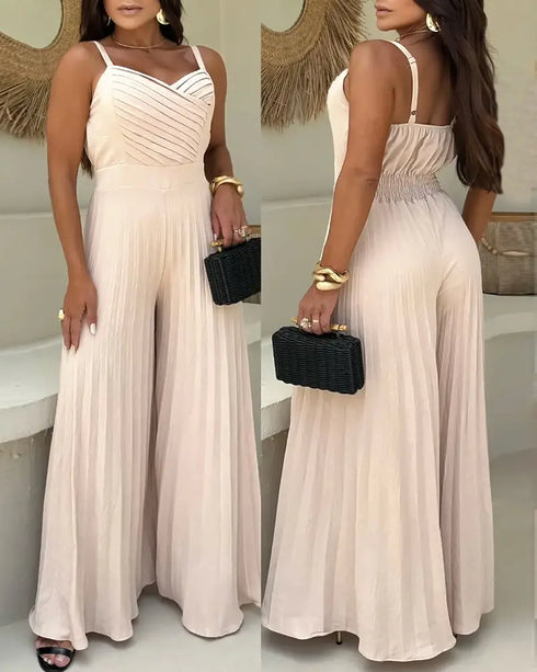 Pleated Design V Neck Adjustable Spaghetti Straps Cinched Waist Overalls Casual Pleated Flared Jumpsuit Apricot