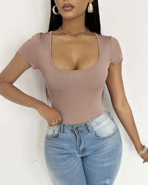 U-Neck Short Sleeve Ribbed Bodysuit khaki