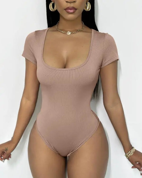U-Neck Short Sleeve Ribbed Bodysuit khaki