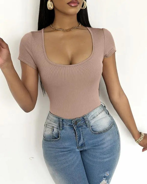 U-Neck Short Sleeve Ribbed Bodysuit khaki