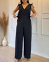 Striped V-Neck Sleeveless Casual Tied Detail Shirred Cinch Jumpsuit black