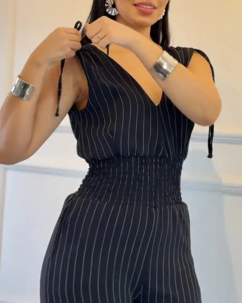 Striped V-Neck Sleeveless Casual Tied Detail Shirred Cinch Jumpsuit black