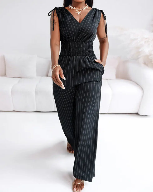 Striped V-Neck Sleeveless Casual Tied Detail Shirred Cinch Jumpsuit black