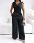 Striped V-Neck Sleeveless Casual Tied Detail Shirred Cinch Jumpsuit black