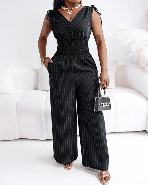 Striped V-Neck Sleeveless Casual Tied Detail Shirred Cinch Jumpsuit black