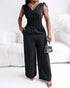 Striped V-Neck Sleeveless Casual Tied Detail Shirred Cinch Jumpsuit black
