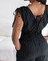 Striped V-Neck Sleeveless Casual Tied Detail Shirred Cinch Jumpsuit black