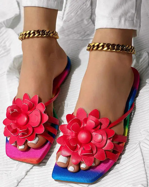 Rainbow Ombre Floral Pattern Slippers red