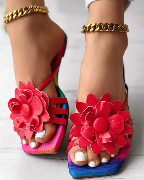 Rainbow Ombre Floral Pattern Slippers red