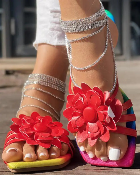 Rainbow Ombre Floral Pattern Slippers red