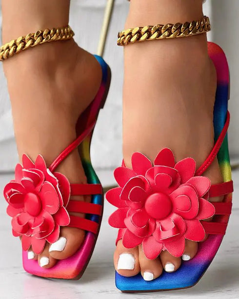 Rainbow Ombre Floral Pattern Slippers red