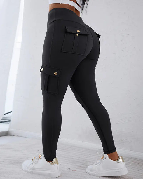 High Waist Tummy Control Butt Lifting Denim Look Leggings Stretchy Yoga Pants with Flap Pockets black