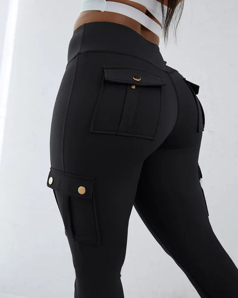 High Waist Tummy Control Butt Lifting Denim Look Leggings Stretchy Yoga Pants with Flap Pockets black