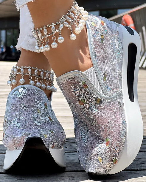 Casual Peep Toe Elastic Strap Slope Heel Sneaker silver