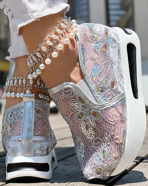 Casual Peep Toe Elastic Strap Slope Heel Sneaker silver