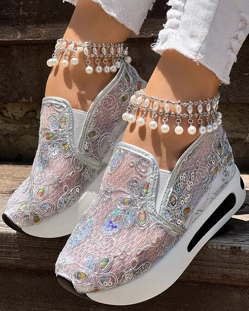 Casual Peep Toe Elastic Strap Slope Heel Sneaker silver