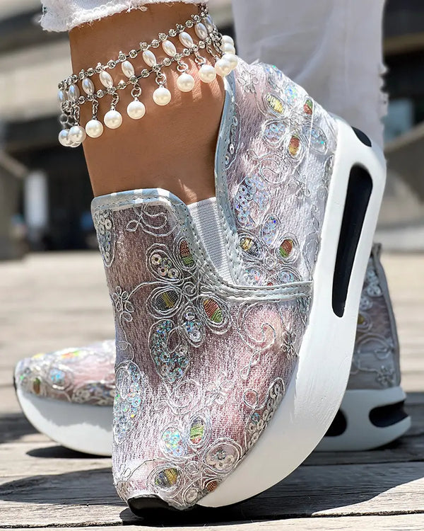 Casual Peep Toe Elastic Strap Slope Heel Sneaker silver