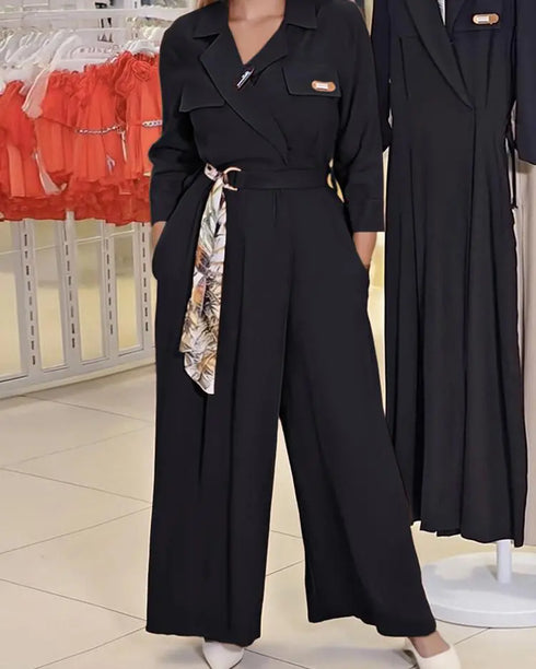 Turn-down Collar Long Sleeve Casual Asymmetrical Tied Detail Cinch Jumpsuit black
