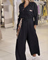 Turn-down Collar Long Sleeve Casual Asymmetrical Tied Detail Cinch Jumpsuit black