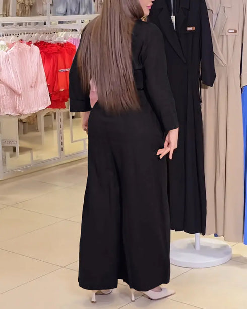 Turn-down Collar Long Sleeve Casual Asymmetrical Tied Detail Cinch Jumpsuit black