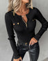 Crewneck Long Sleeve Ribbed Top Half Zipper Design Casual Pullover Tops black