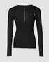 Crewneck Long Sleeve Ribbed Top Half Zipper Design Casual Pullover Tops black