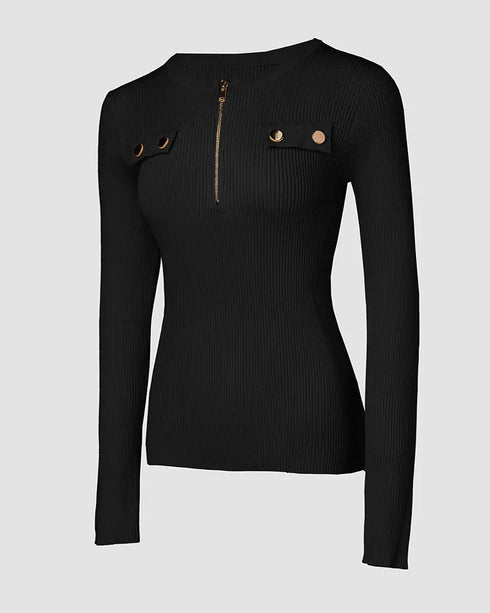 Crewneck Half Zipper Flap Detail Knit Sweater Long Sleeve Slim Fit Ribbed Pullover Top black