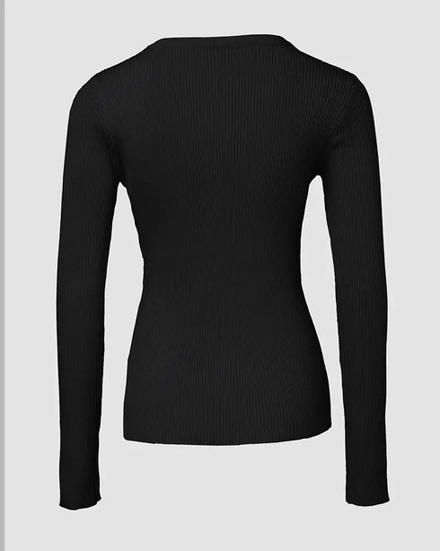 Crewneck Long Sleeve Ribbed Top Half Zipper Design Casual Pullover Tops black