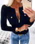 Crewneck Long Sleeve Ribbed Top Half Zipper Design Casual Pullover Tops black