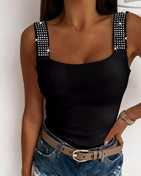 Rhinestone Embellished Thick Strap Tank Top black