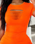 O-neck Short Sleeve Solid Color Cut-Out Ruched Drawstring Bodycon Dress with Side Slit orange