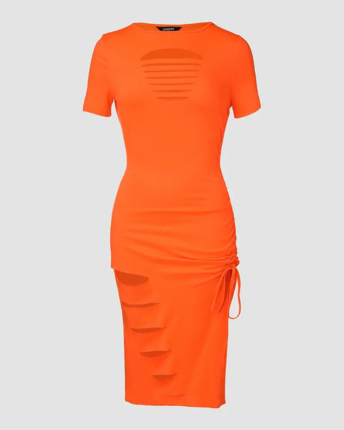 O-neck Short Sleeve Solid Color Cut-Out Ruched Drawstring Bodycon Dress with Side Slit orange