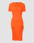 O-neck Short Sleeve Solid Color Cut-Out Ruched Drawstring Bodycon Dress with Side Slit orange