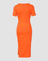 O-neck Short Sleeve Solid Color Cut-Out Ruched Drawstring Bodycon Dress with Side Slit orange