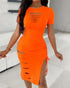O-neck Short Sleeve Solid Color Cut-Out Ruched Drawstring Bodycon Dress with Side Slit orange