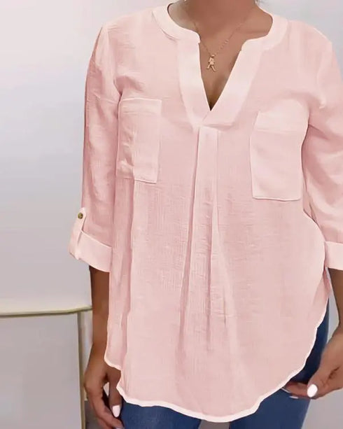 V-Neck Roll Up Sleeve Back Button Blouse Casual Top with Pocket light pink