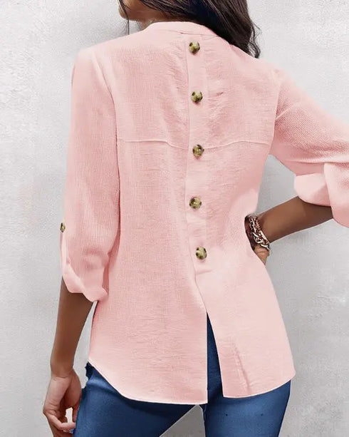 V-Neck Roll Up Sleeve Back Button Blouse Casual Top with Pocket light pink