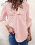 V-Neck Roll Up Sleeve Back Button Blouse Casual Top with Pocket light pink