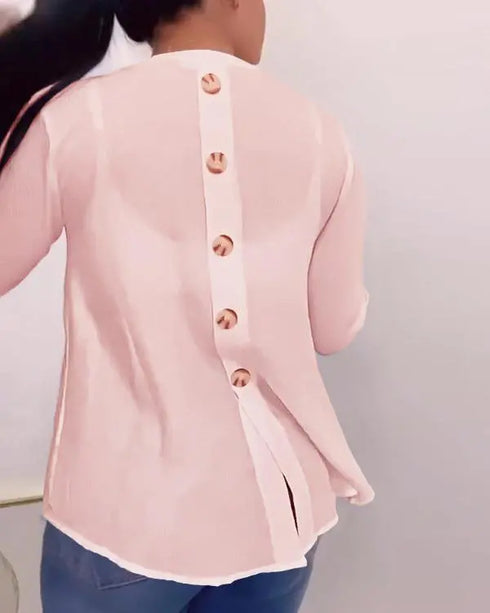 V-Neck Roll Up Sleeve Back Button Blouse Casual Top with Pocket light pink