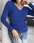 ChicMe Built-in Bra Notch Neck Long Sleeve Shirts Rib-Knit Ruched Waist Top blue