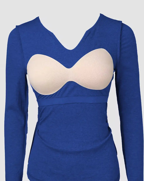 ChicMe Built-in Bra Notch Neck Long Sleeve Shirts Rib-Knit Ruched Waist Top blue