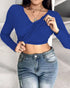 ChicMe Built-in Bra Notch Neck Long Sleeve Shirts Rib-Knit Ruched Waist Top blue