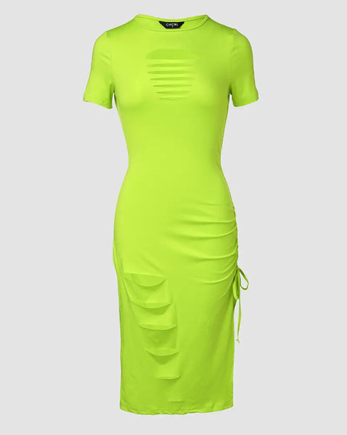 O-neck Short Sleeve Solid Color Cut-Out Ruched Drawstring Bodycon Dress with Side Slit green