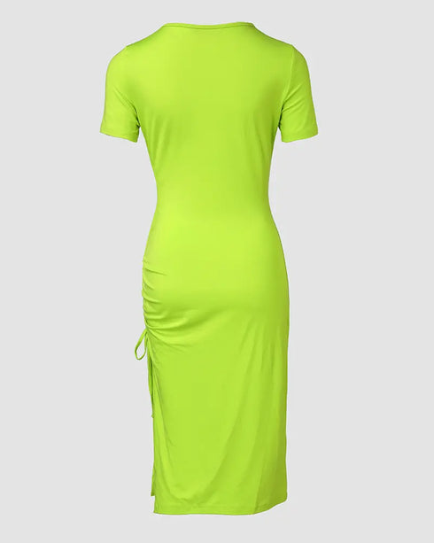 O-neck Short Sleeve Solid Color Cut-Out Ruched Drawstring Bodycon Dress with Side Slit green