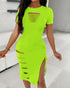 O-neck Short Sleeve Solid Color Cut-Out Ruched Drawstring Bodycon Dress with Side Slit green
