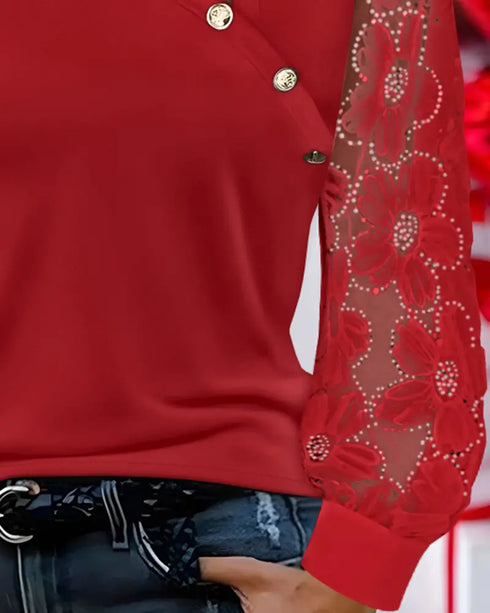 Lace Floral Open Front Long Sleeve Casual Button T-shirt red