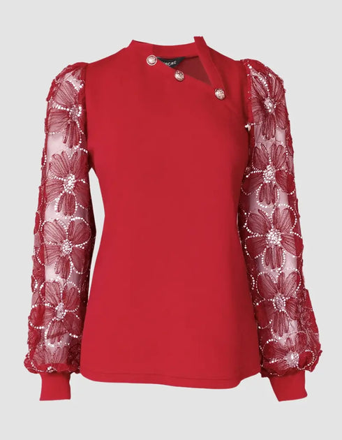Lace Floral Open Front Long Sleeve Casual Button T-shirt red