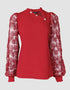 Lace Floral Open Front Long Sleeve Casual Button T-shirt red